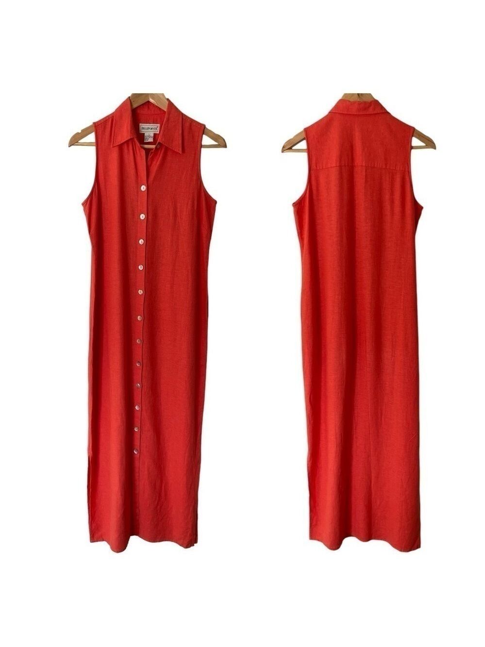 Vintage BellePointe Linen Blend Maxi Dress Sz S Orange Button Front Vacation GUC